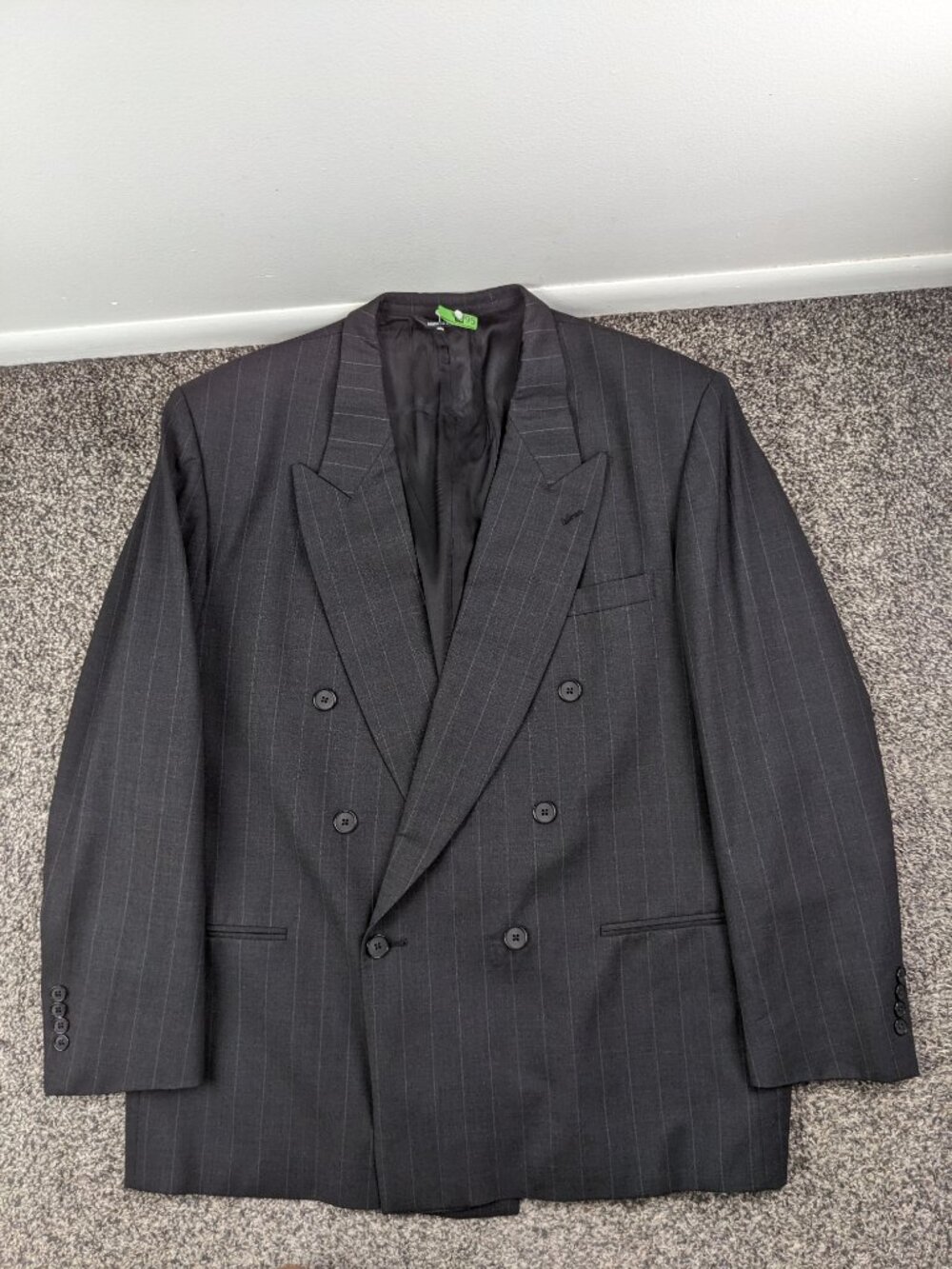 Vintage Perry Ellis 48L Suit Wool Double Breasted Chalk Striped 40x34 USA Made - Picture 2 of 15